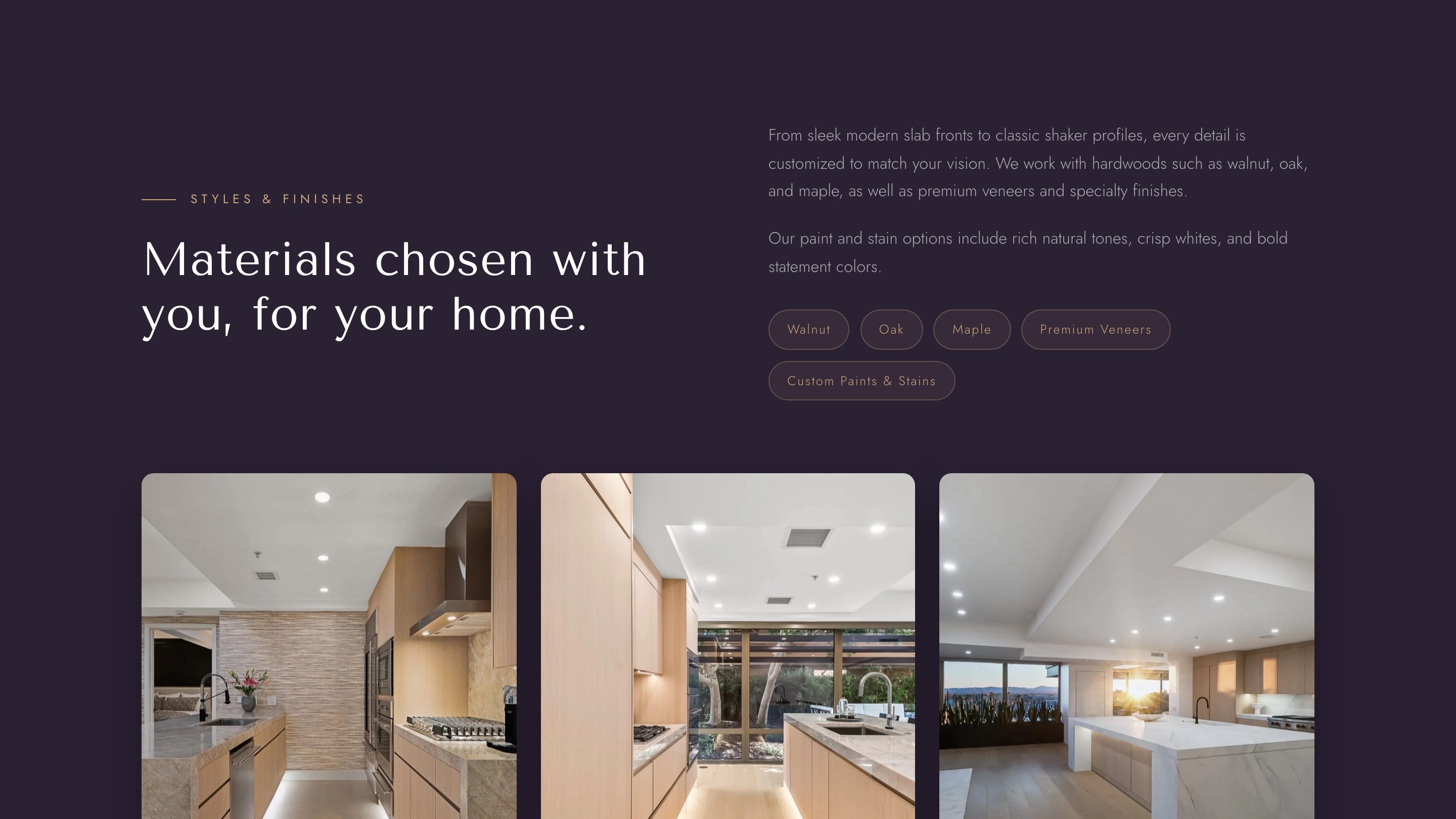 The materials and finishes section of the new homepage